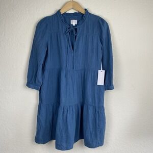 Honorine S Giselle Dress Short Shadow Blue Tiered Gauze Cotton Coastal Peasant